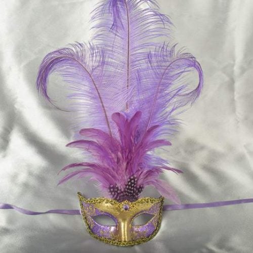 Luxury tall feather masquerade mask in purple and gold