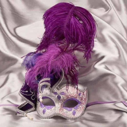 Purple and silver trim Venetian jolly mask with feathers and jester bells