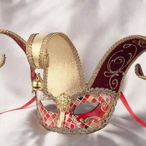 Red Venetian Colombina jester mask in mosaic design