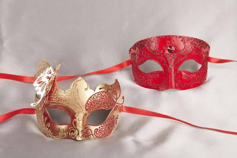 Pair of red and gold masquerade masks with butterfly | Tomboy Teresa