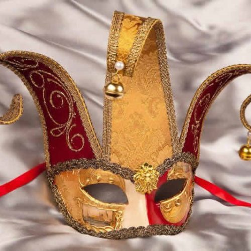 red Venetian Colombina Mask with jester headress