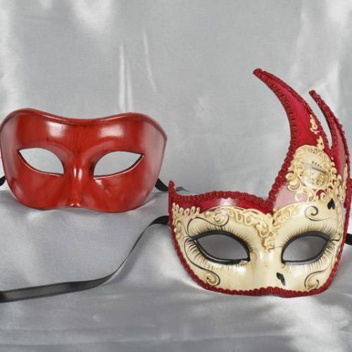 red and cream couples masks with hearts