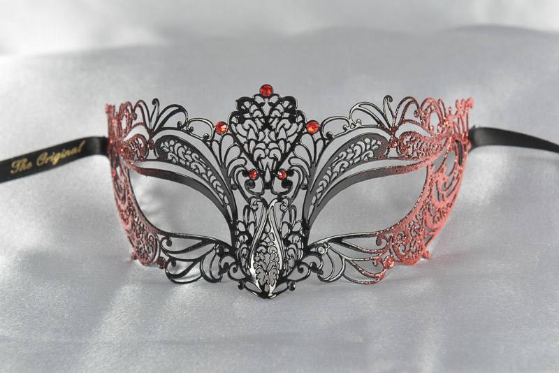 Filigree metal lace ball mask in red and black