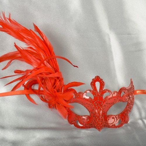 Paper Mache Venetian Mask with feathers in red