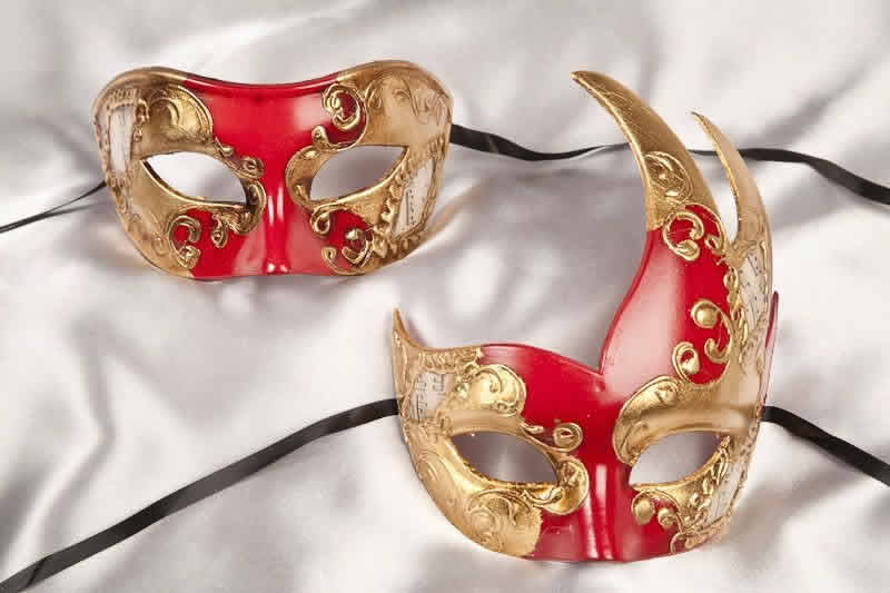 couples masquerade masks red and gold