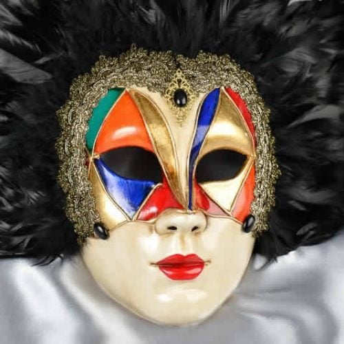 Full face feathered Venice carnival mask - close up