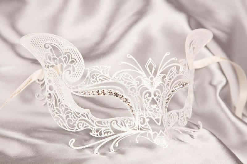 White Luxury Filigree Metal Venetian Cat Mask with Crystals