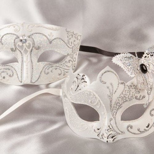 Pair of white silver masquerade masks with butterfly | Tomboy Teresa