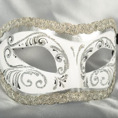 White and silver Colombina masquerade mask with glitter and braiding