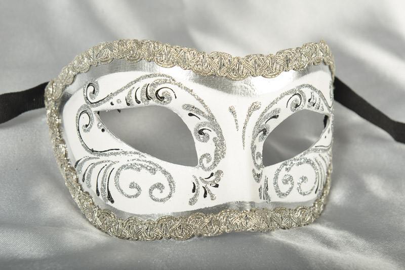 White and silver Colombina masquerade mask with glitter and braiding