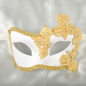 white and gold satin and lace masquerade mask