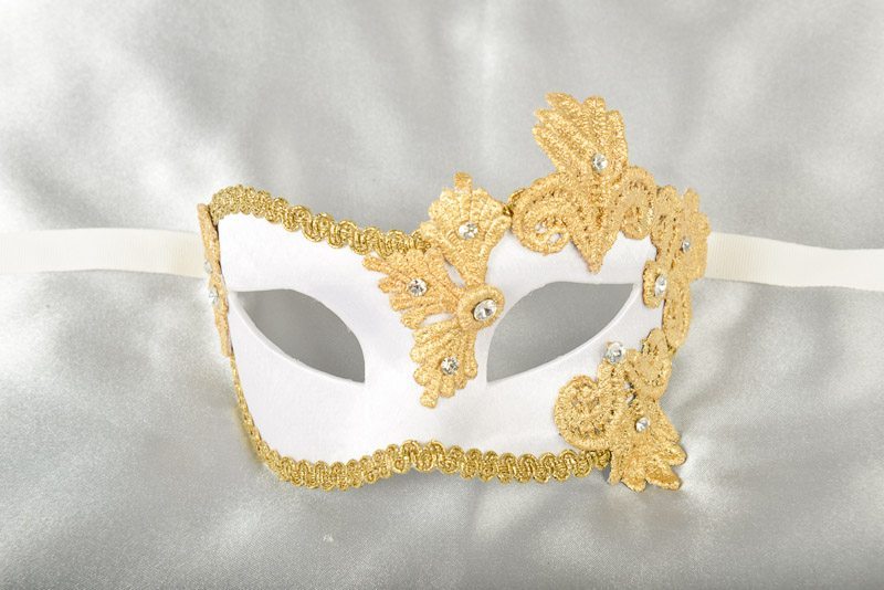 white and gold satin and lace masquerade mask