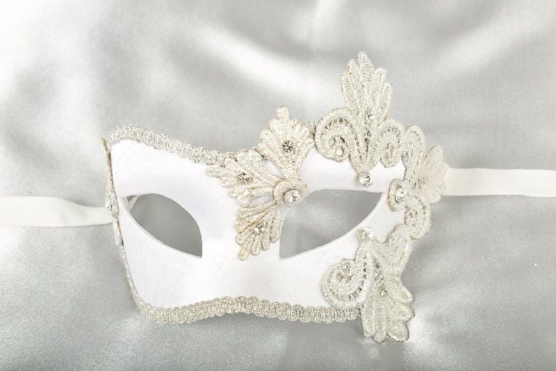 white and silver satin and lace masquerade mask