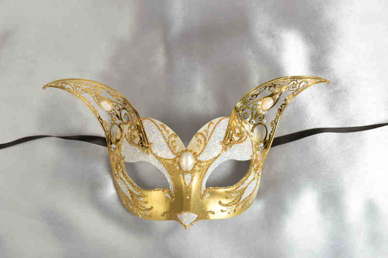 white and gold cat Venetian mask with metal ears