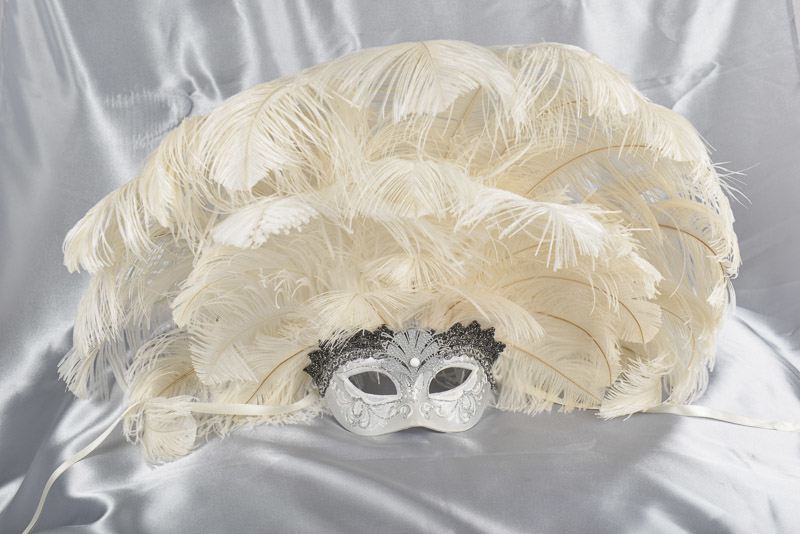 Full feathered Rio carnival mask in white and silver