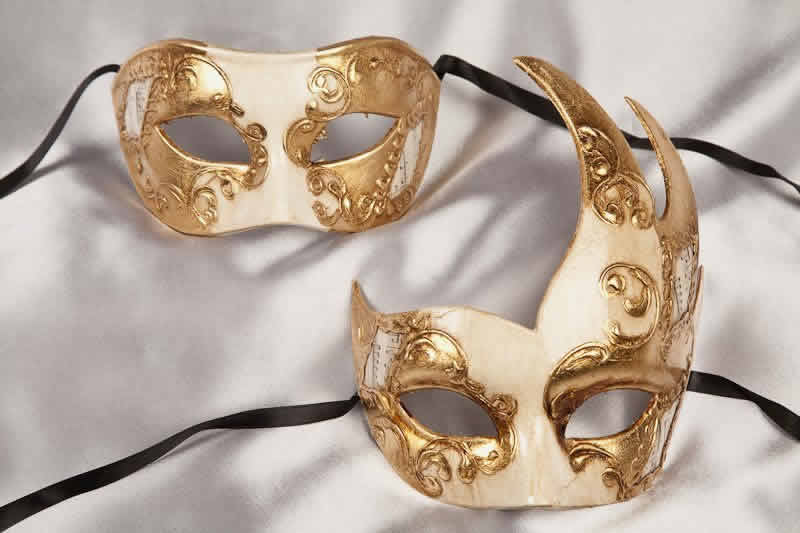 couples masquerade masks white and gold