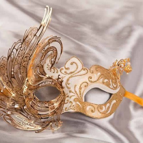 white gold luxury Venetian mask with metal lace