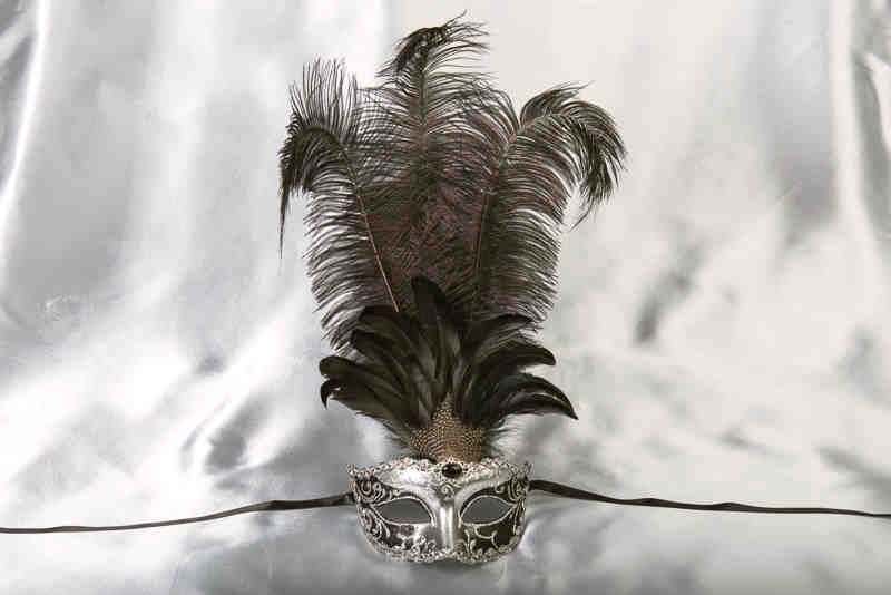 Luxury tall feather masquerade mask in black