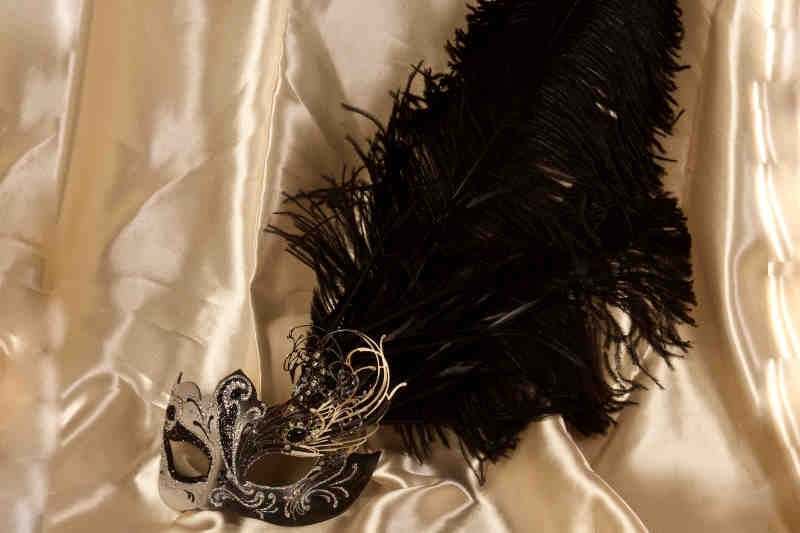 black and silver Custom Venetian mask with fretwork and feathers