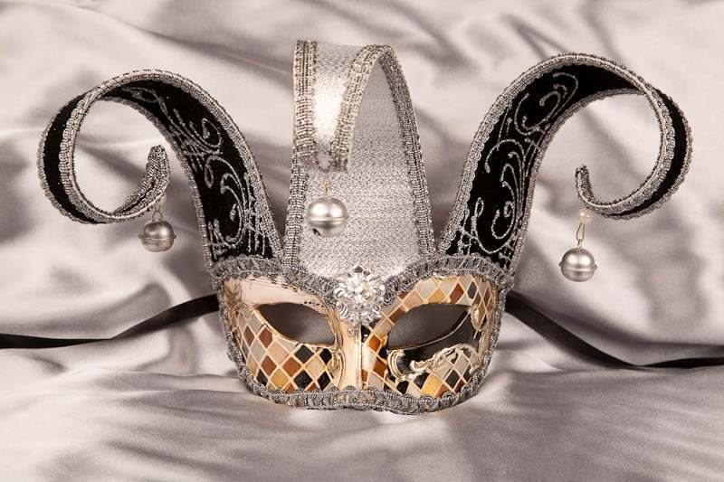 masquerade ball mask Colombina Jester Mosaic silver black