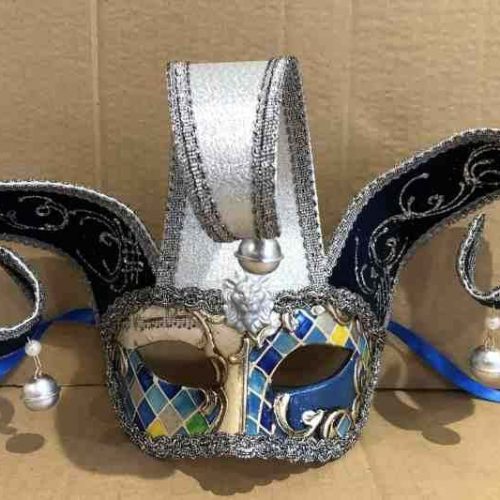 masquerade ball mask Colombina Jester Mosaic silver blue