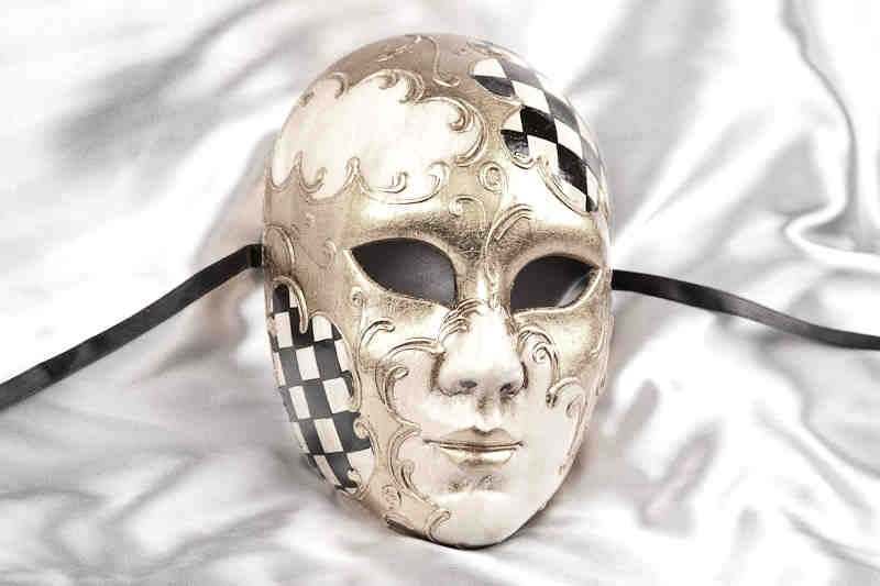 Full face theatre mask with diamond pattern in black and silver