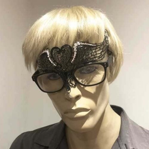 masquerade mask designed to be worn with glasses shown on male model