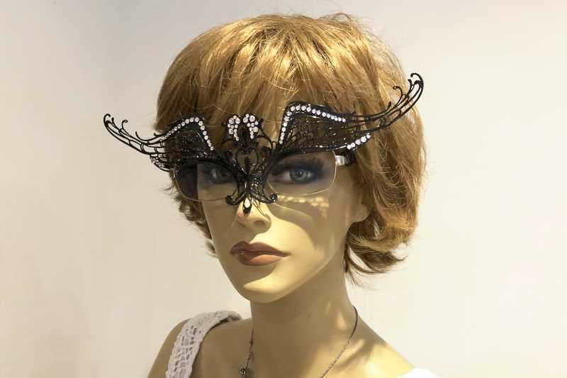 masquerade mask for glasses Ali Strass attached to Spectacles on female