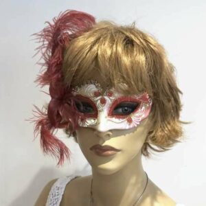baby piuma small masquerade mask with feathers on female model face