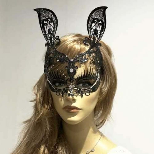 Bunny mask in luxury filigree metal with swarovski crystals on female face