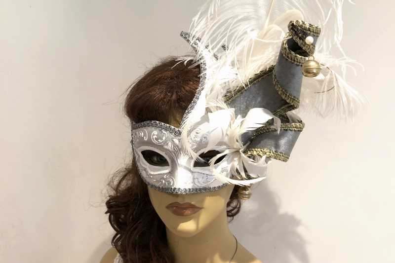 Cigno Armony silver masquerade mask shown on female face