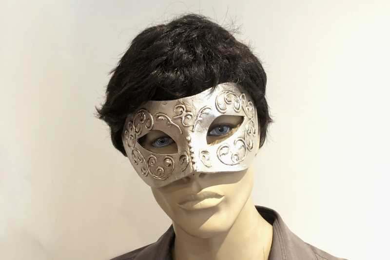 Stucchi silver colombina masquerade mask on male face