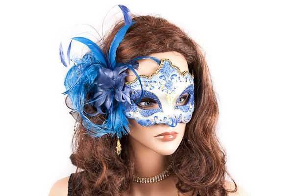 Daniela Gold feathered masquerade mask on female face