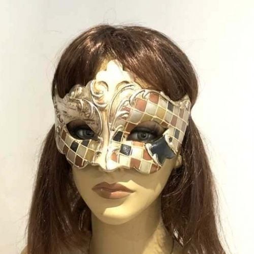 autumn colour mosaic masquerade mask shown on female model face