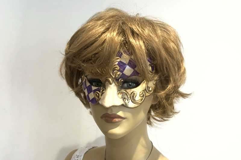 Sweetheart square check masquerade mask on female model face