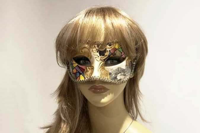 masquerade ball mask with Venetian Scenes on female face