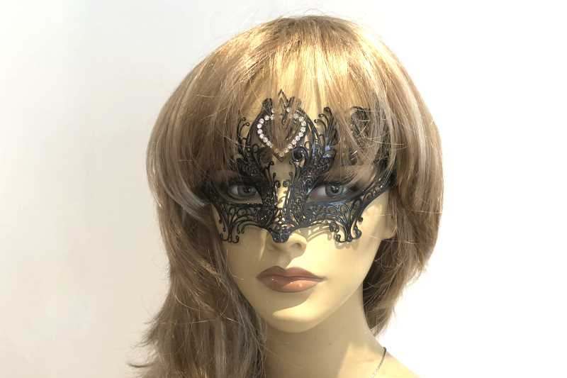 black lace metal masquerade mask on female face