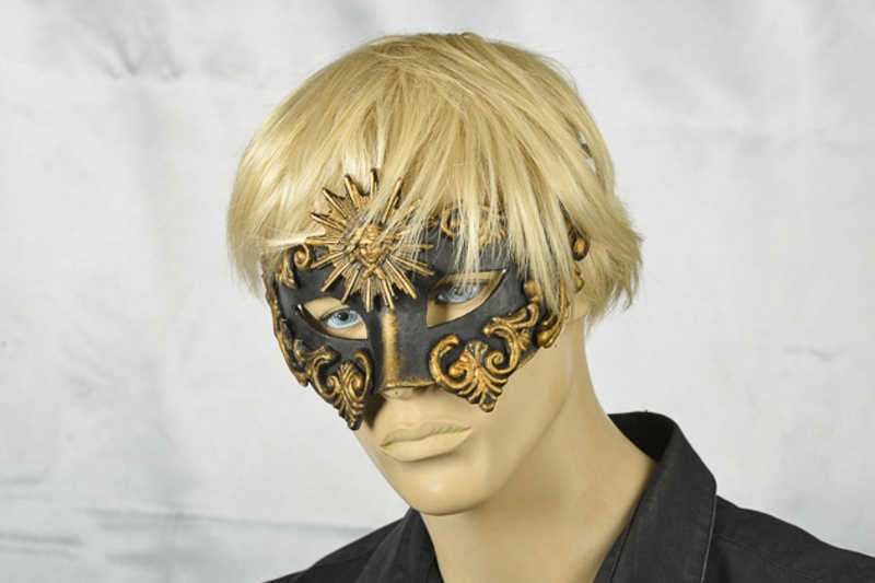 Venetian masquerade ball mask Barroco Sole on male model face