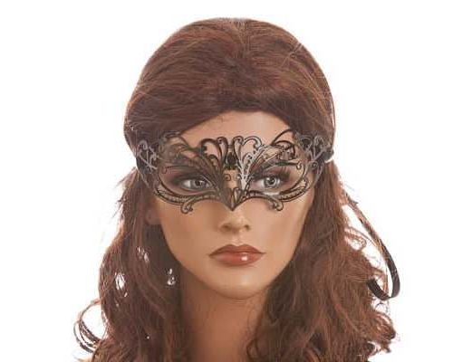 petite laser cut metal masquerade mask on female model face