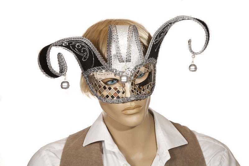 masquerade ball mask Colombina Jester Mosaic silver on male model face