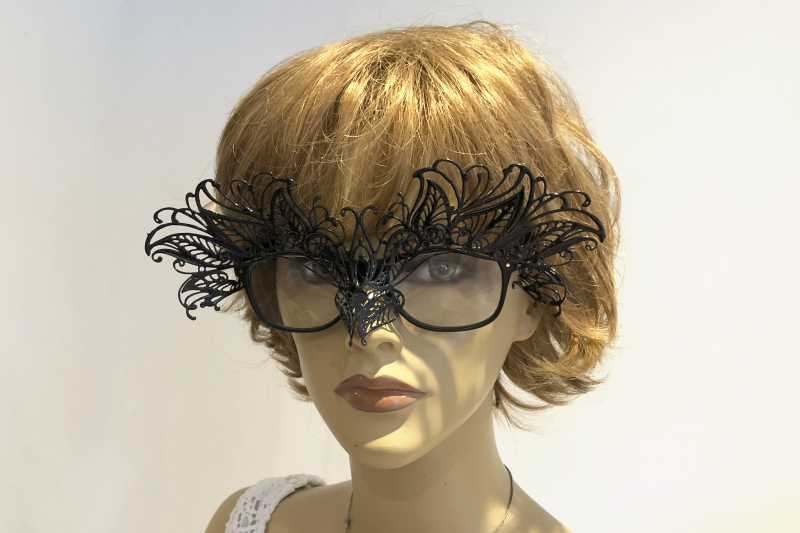 Masquerade mask for glasses wearer Petal attached to glasses on female