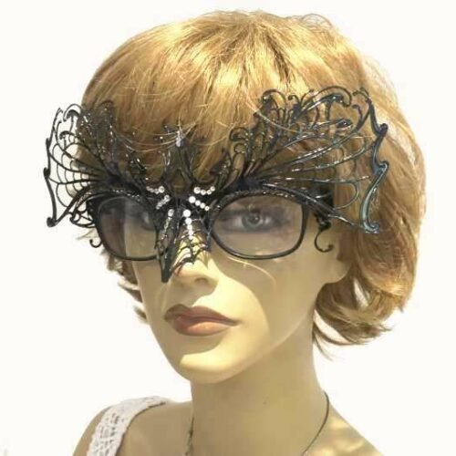 masquerade mask for glasses Ragnatela Strass attached to glasses on female