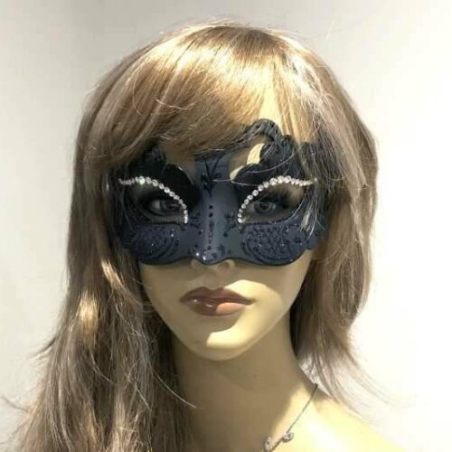 gloss black Venetian masked ball mask - Rondine on female face