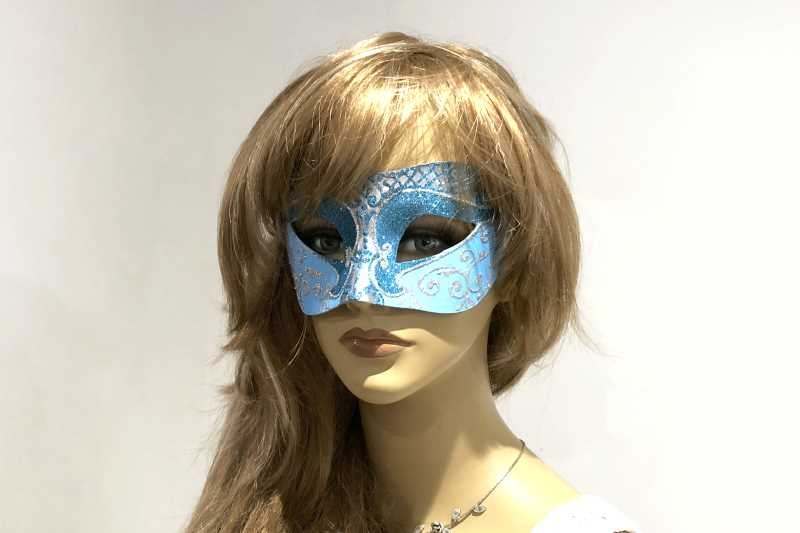 Unisex Colombina mask with glitter and silver trim on female face