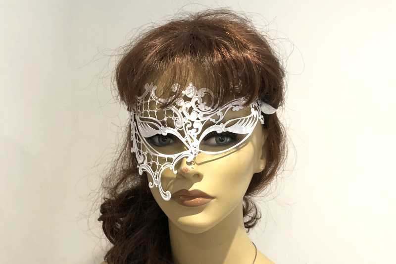 white lace metal phantom masquerade mask on female face