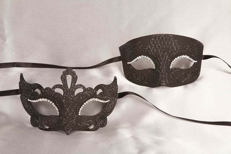 Black pair of paper mache Venetian masks - Tomboy Anna Strass