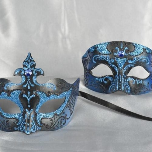 Blue black pair of paper mache Venetian masks - Tomboy Farfallina