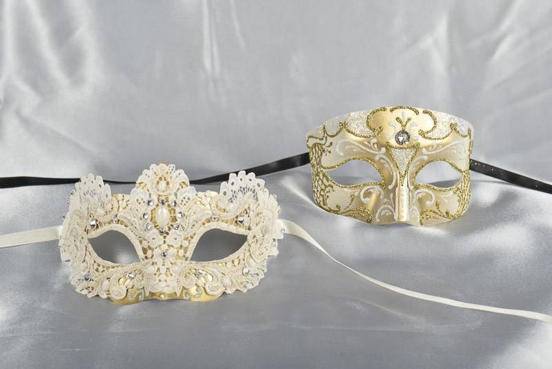 His and Hers cream and Gold Venetian masks - Tomboy Macrame