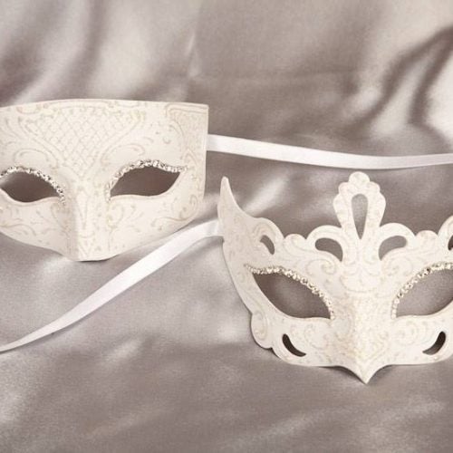 White pair of paper mache Venetian masks - Tomboy Anna Strass