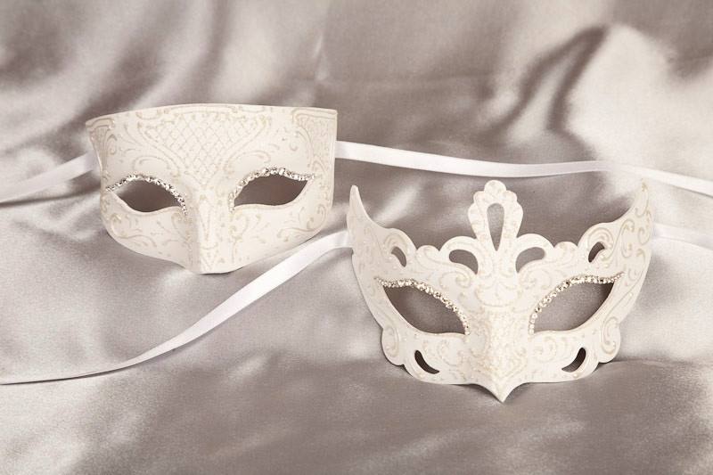 White pair of paper mache Venetian masks - Tomboy Anna Strass